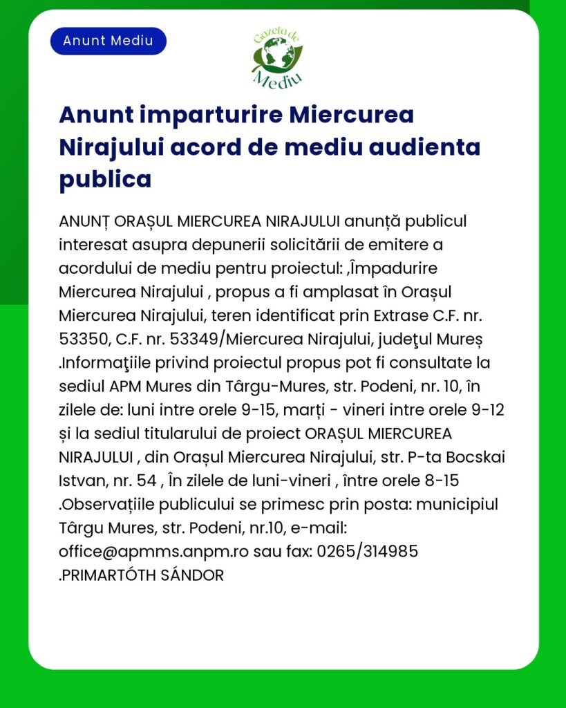 Anunț privind o dezbatere publică despre o cerere de acord de mediu în Nirajului județul Mureș cu detalii despre inspecția proiectului și informații de contact