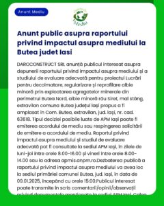 Anunț privind depunerea raportului public privind impactul asupra mediului în Butea județul Iași de către DAROCONSTRUCT SRL