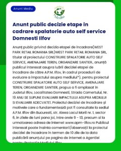 Anunț verde și alb despre construcția unei spălătorii auto self-service în Dimănești Ilfov detaliind procedurile și evaluarea de mediu ale proiectului