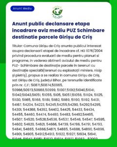 Anunț public referitor la schimbarea destinației terenurilor din Girișu de Criș detalii și numerele parcelelor și procedurile pentru consultarea publică