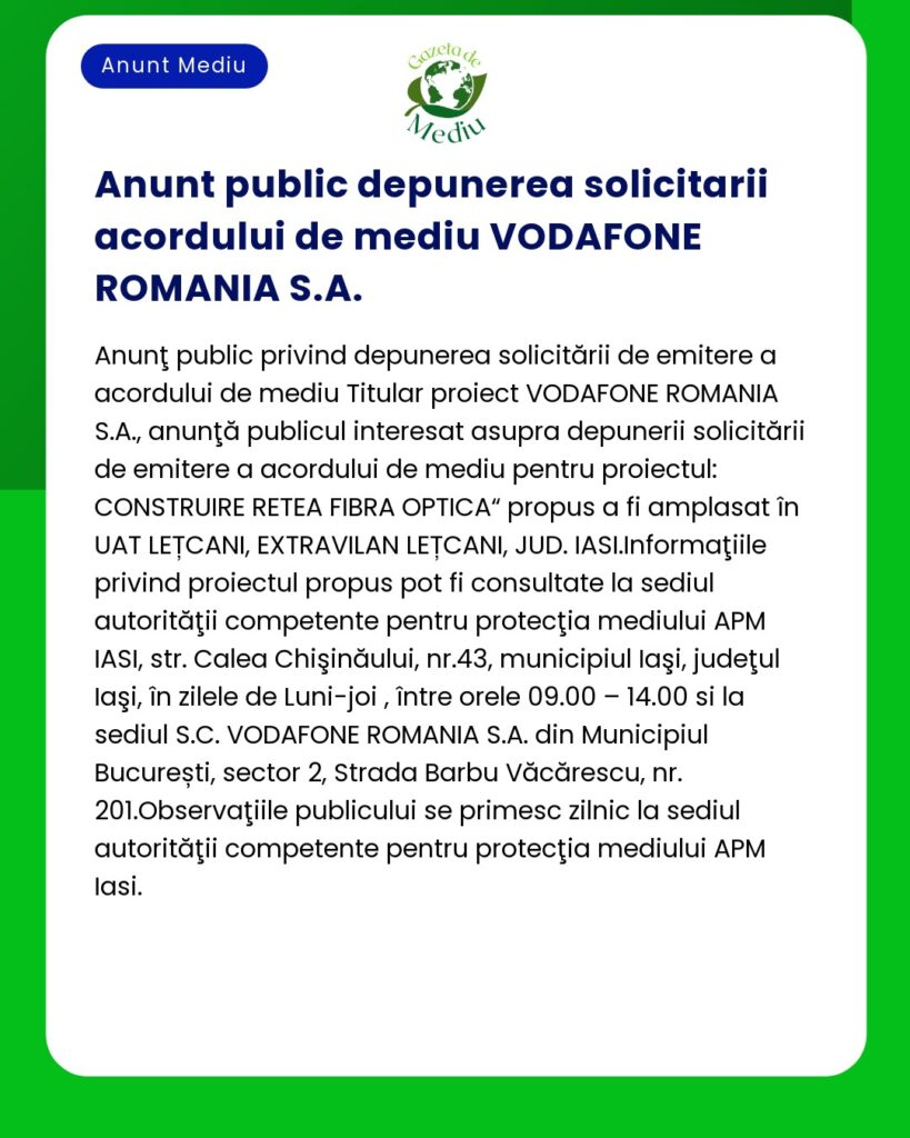 Anunț de depunere publică privind solicitarea acordului de mediu a VODAFONE ROMANIA SA Detalii oferite despre proiectul rețelei de fibră optică în Lețcani județul Iași