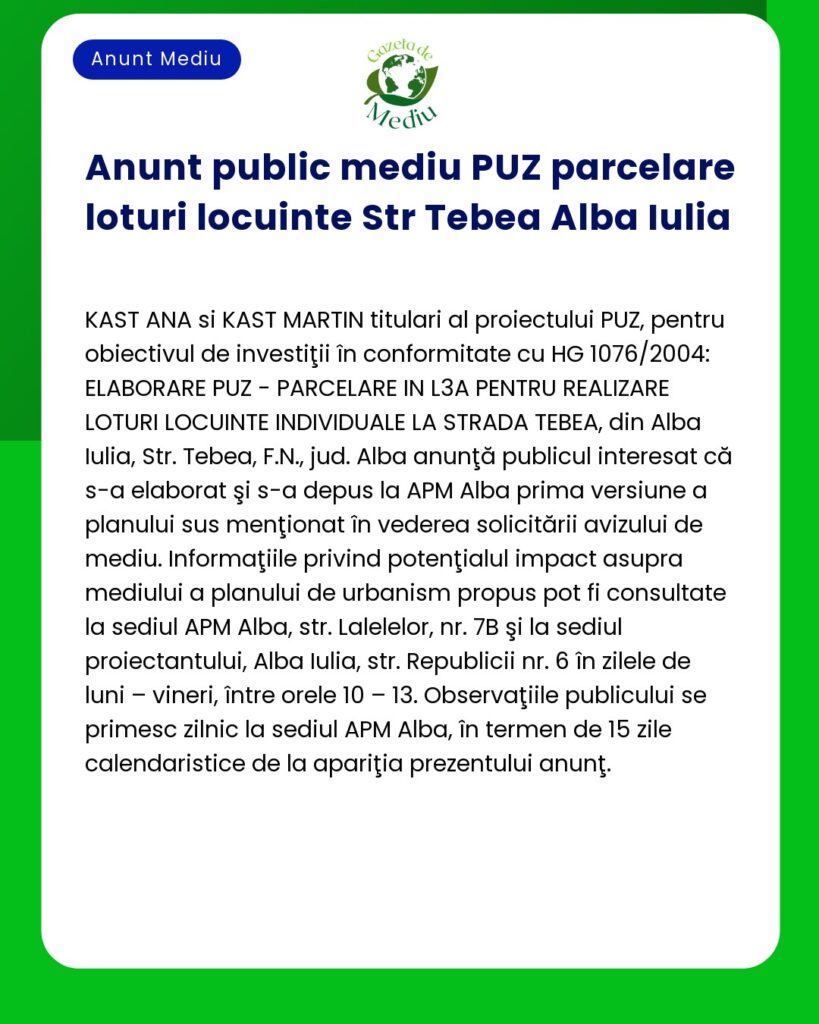 Plan urbanistic zonal pentru construirea de locuințe pe terenuri situate în localitatea Tebea Alba Iulia România