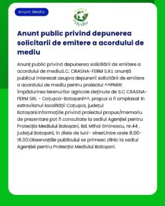 Public anunţ pentru depunerea cererilor de acord de mediu Include detalii despre locația proiectului fermei sesiune de informații publice și instrucțiuni de depunere