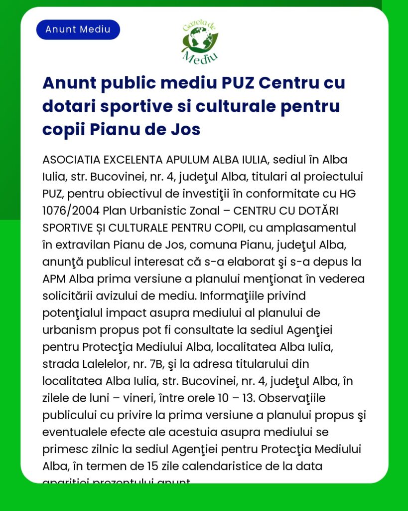 Anunt public mediu PUZ Centru cu dotari sportive si culturale pentru c