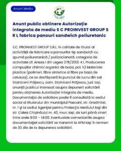 Anunt public obtinere Autorizație integrata de mediu S C PROINVEST GRO