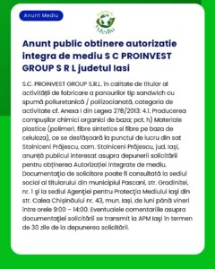 Anunt public obtinere autorizatie integra de mediu S C PROINVEST GROUP