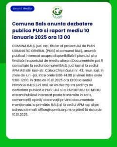 Anunț despre o dezbatere publică la Balș din 10 ianuarie 2025 privind un plan urbanistic