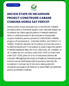 Anunț despre procedurile de impact asupra mediului pentru un proiect de cabană în Horea Sat Fericet postat de Agenția pentru Protecția Mediului Alba Date de contact furnizate pentru mai multe informații