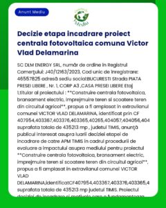 Imagine text care conține informații despre clasificarea unui proiect de centrală fotovoltaică în Victor Vlad Delamarina cu detaliile companiei descrierea circuitului și impactul asupra mediului