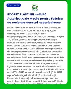 ECOPET PLAST SRL a solicitat emiterea acordului de mediu pentru construirea unei fabrici de reciclare a deșeurilor nepericuloase în Călărași