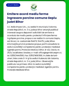 o notificare privind emiterea unui aviz pentru o fermă de îngrășare a porcilor în comuna Gepiu județul Bihor România