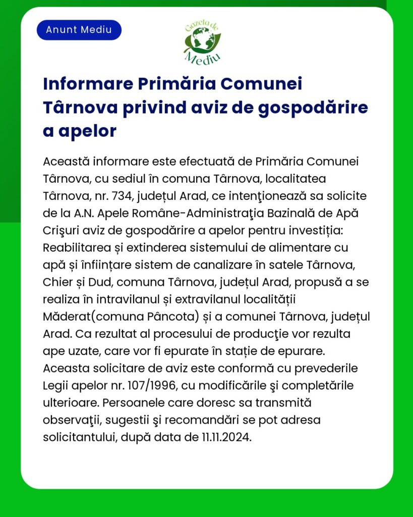 Proiect 'PNRR Fonduri pentru România modernă și reformată' Titular Primăria Comunei Târnova Solicitare aviz de gospodărire a apelor