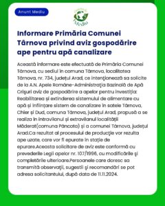 Anunț public informativ din Comuna Târnova privind aprobarea gospodăririi apelor pentru proiecte de canalizare Conține detalii despre revitalizarea sistemului de apă și termenele limită
