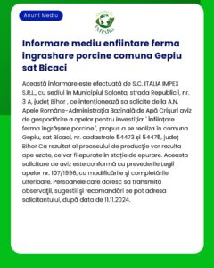 Anunț privind înființarea unei ferme de îngrășare de porci de către SC Italia Impex SRL care detaliază conformitatea cu mediul și informațiile procedurale privind utilizarea și evacuarea apei