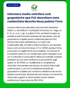 Informare mediu solicitare aviz gospodarire ape PUZ dezvoltare zona re