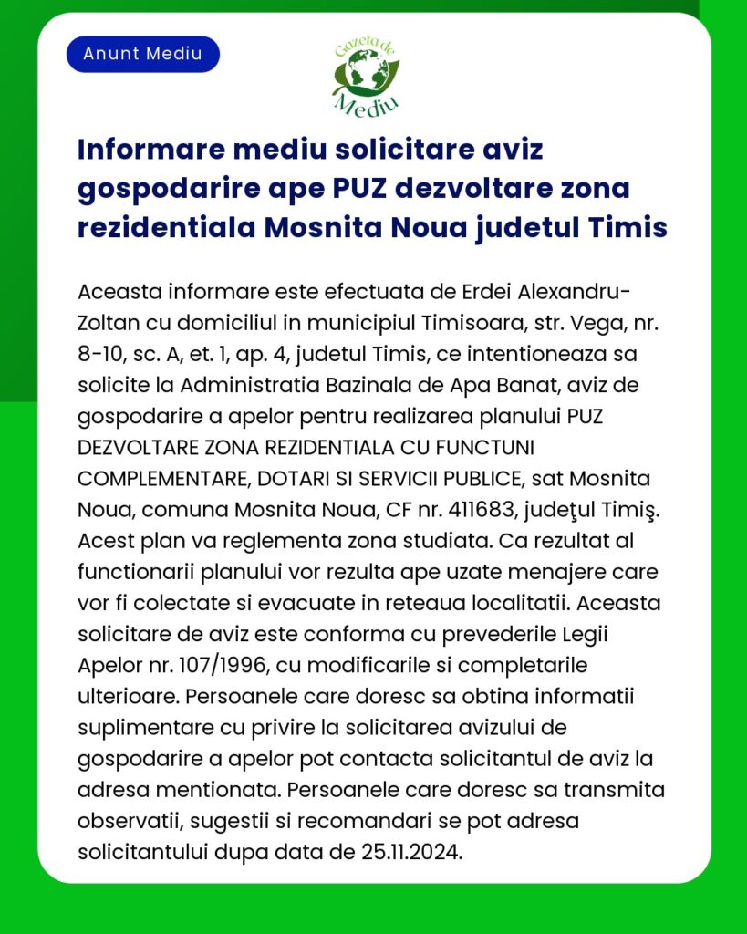 Informare mediu solicitare aviz gospodarire ape PUZ dezvoltare zona re
