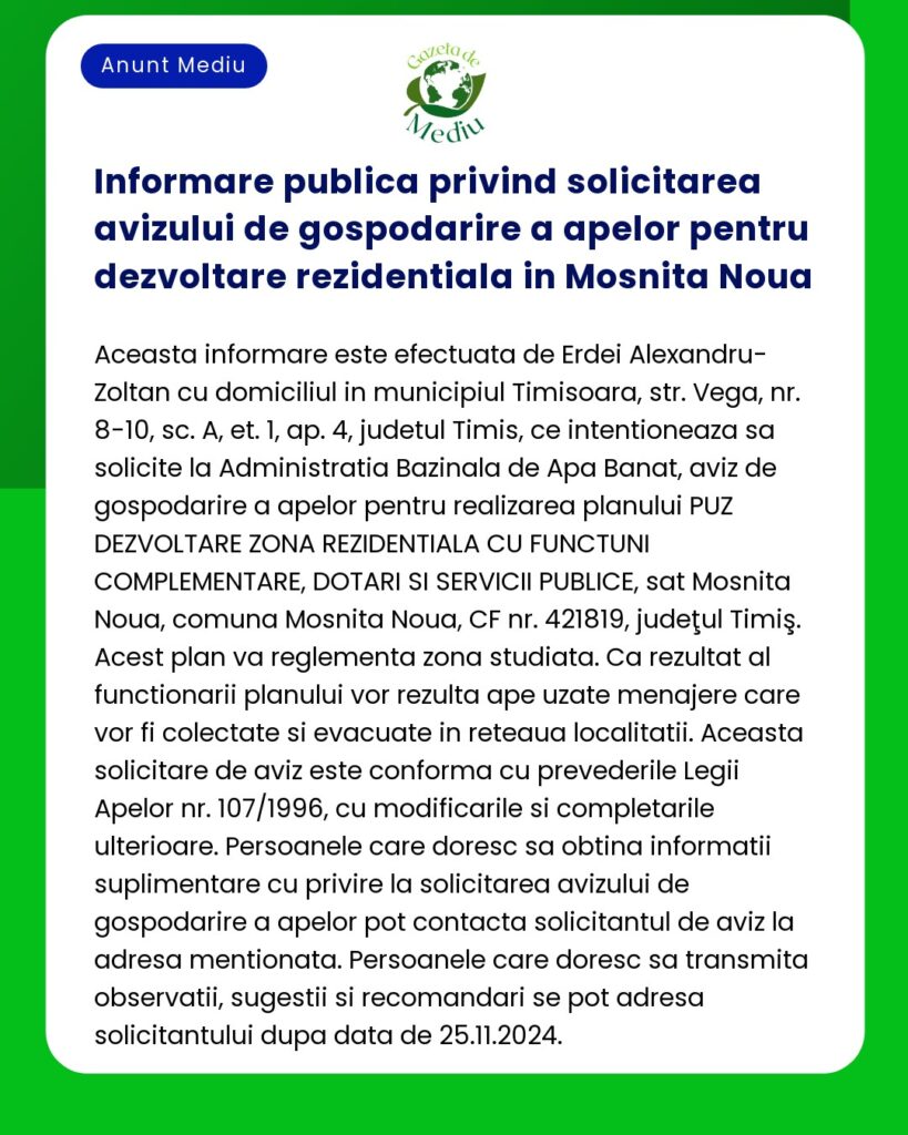 Informare publica privind solicitarea avizului de gospodarire a apelor