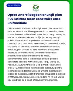 Anunț prin care se detaliază un plan zonal pentru construirea de locuințe unifamiliale în Târgu Mureș din Oprea Andrei Bogdan programat în discuție pe 19 noiembrie 2024