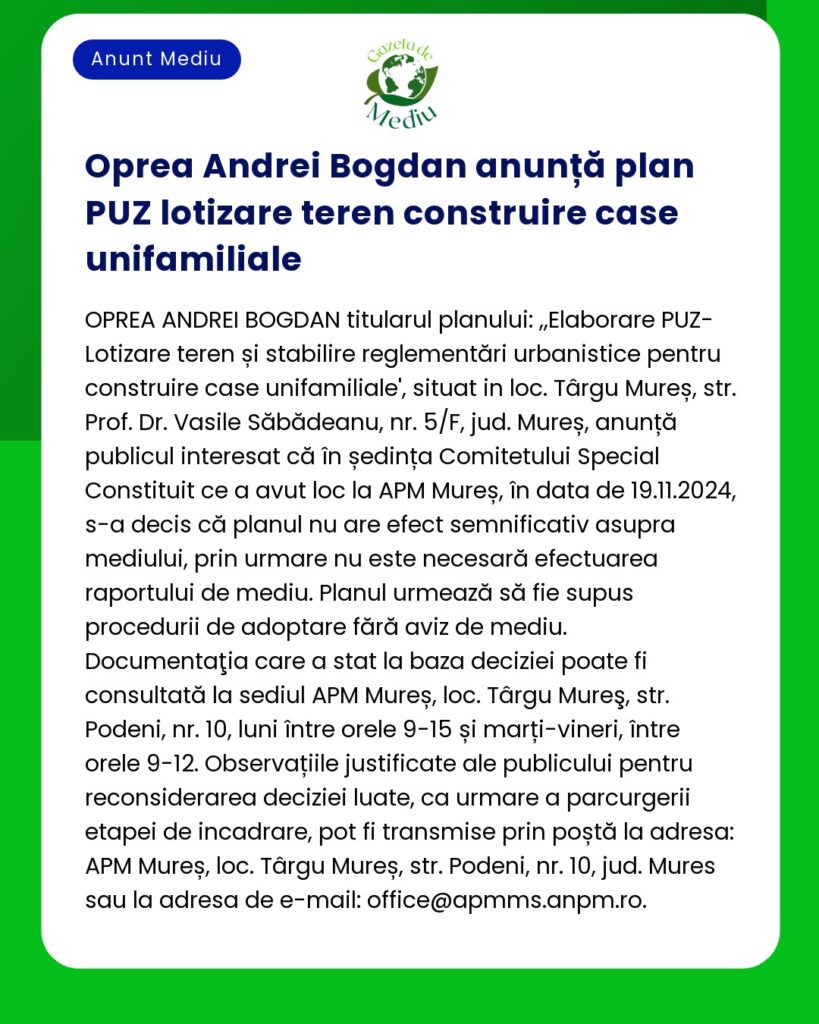 Anunț prin care se detaliază un plan zonal pentru construirea de locuințe unifamiliale în Târgu Mureș din Oprea Andrei Bogdan programat în discuție pe 19 noiembrie 2024