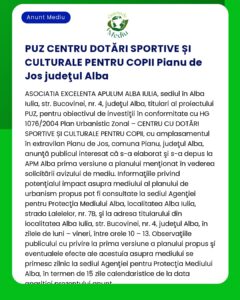 Anunț despre o ședință publică privind dezvoltarea centrului sportiv și cultural în Pianu de Jos județul Alba care detaliază planurile de proiect și informații despre participare