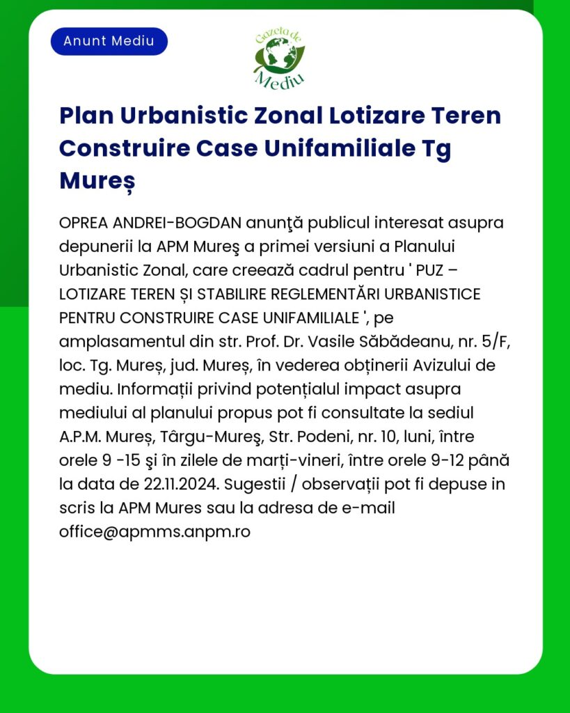 Un anunț cu detalii despre un plan urbanistic de amenajare a locuințelor în Tg Mureș România inclusiv o ședință publică pe 22 decembrie 2024 la sediul APM birou