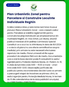 Afiș informativ care detaliază un anunț public despre un plan urbanistic pentru construirea de locuințe individuale în Reghin cu informații de contact furnizate