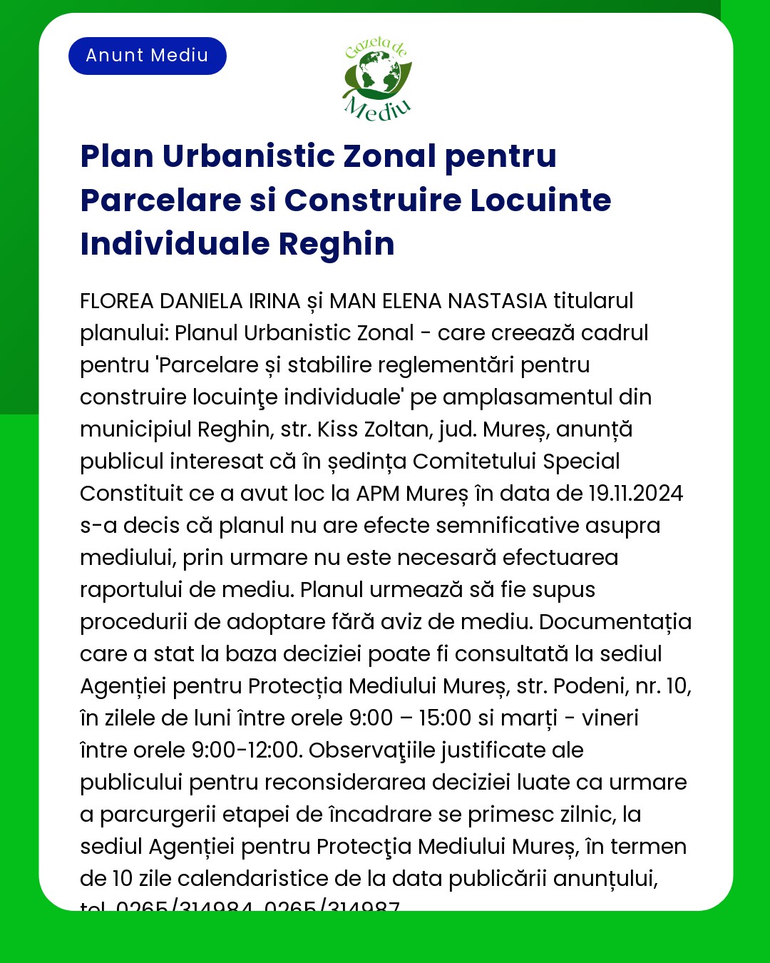 Plan Urbanistic Zonal pentru Parcelare si Construire