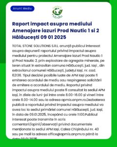 Raportul privind impactul asupra mediului pentru proiectul 'Prod Nautic 1 și 2' în Hălăucești datat 09-01-2025