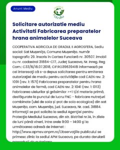 Cererea de emitere a autorizației de mediu pentru activitatea desfășurată în Suceava constând în fabricarea hranei pentru animale