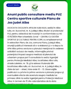 Anunt public consultare mediu PUZ Centru sportive culturale Pianu de J