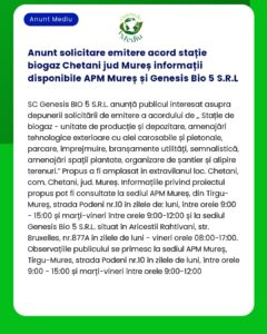 Anunt solicitare emitere acord stație biogaz Chetani jud Mureș informa