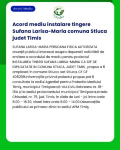 Anunț privind acordul de mediu pentru o instalație de proiect în Sîtuica județul Timiș