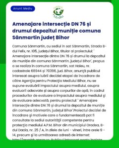 Aviz privind intersecția DN 76 și drumul către depozitul de muniții din comuna Sânmartin județul Bihor în care se detaliază procesul de decizie de interes public și de mediu