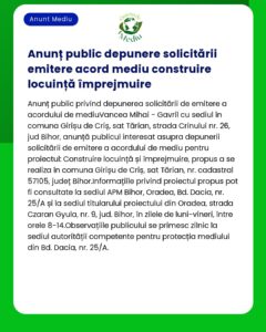 Anunț public în limba română privind acordul de mediu pentru construirea unei case și a unui gard lângă Crișu de Criș Bihor Textul include detalii despre locație și instrucțiuni pentru depunerea cererii