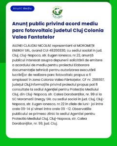 Anunț pentru acordul de mediu pentru un proiect de parc fotovoltaic în Cluj România