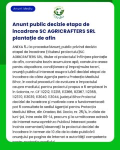 Anunt public despre plantatia de afin SC AGRICRAFTERS SRL Sunt menționate detalii despre construcția depozitelor irigarea terenurilor și impactul asupra mediului
