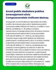 Anunț public pentru o dezbatere privind planul de amenajare forestieră a localității Malnaș județul Covasna România Sunt furnizate detalii despre întâlnire și informații de contact