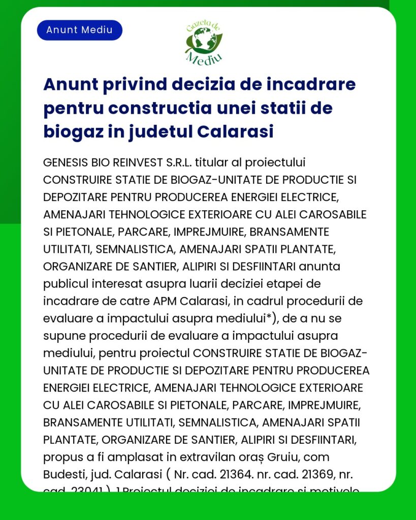 Anunt privind decizia de incadrare pentru constructia unei statii de b