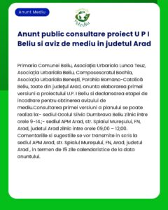 Anunt public consultare proiect U P I Beliu si aviz de mediu in judetu