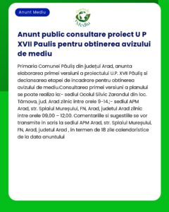 Anunt public consultare proiect U P XVII Paulis pentru obtinerea avizu
