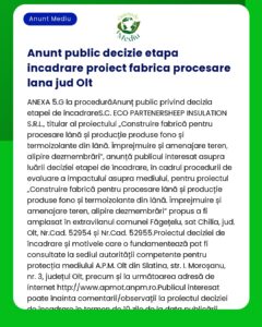 Anunt public decizie etapa incadrare proiect fabrica procesare lana ju