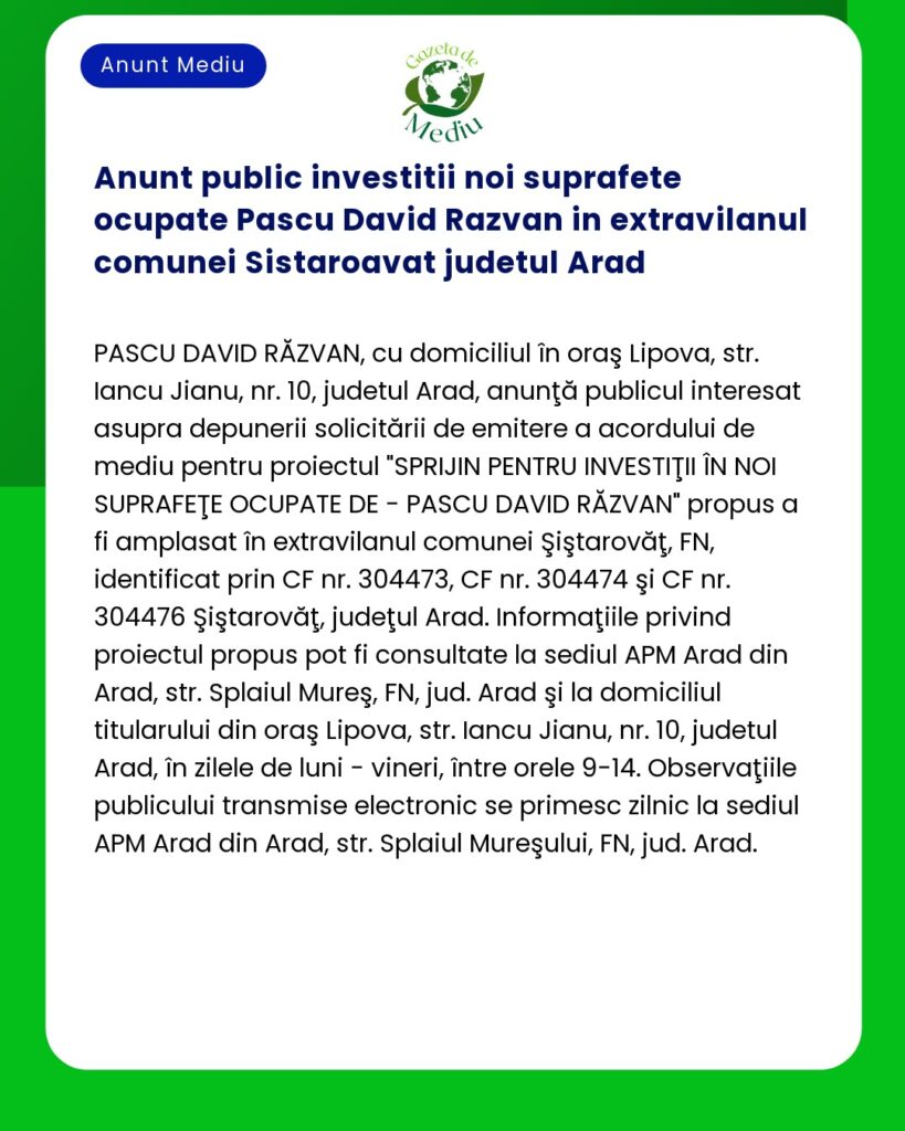 Anunt public investitii noi suprafete ocupate Pascu David Razvan in ex