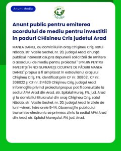 Anunt public pentru emiterea acordului de mediu pentru investitii in p