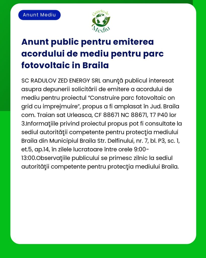 Anunt public pentru emiterea acordului de mediu pentru parc fotovoltai
