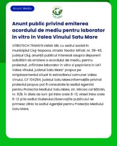 Anunt public privind emiterea acordului de mediu pentru laborator in v