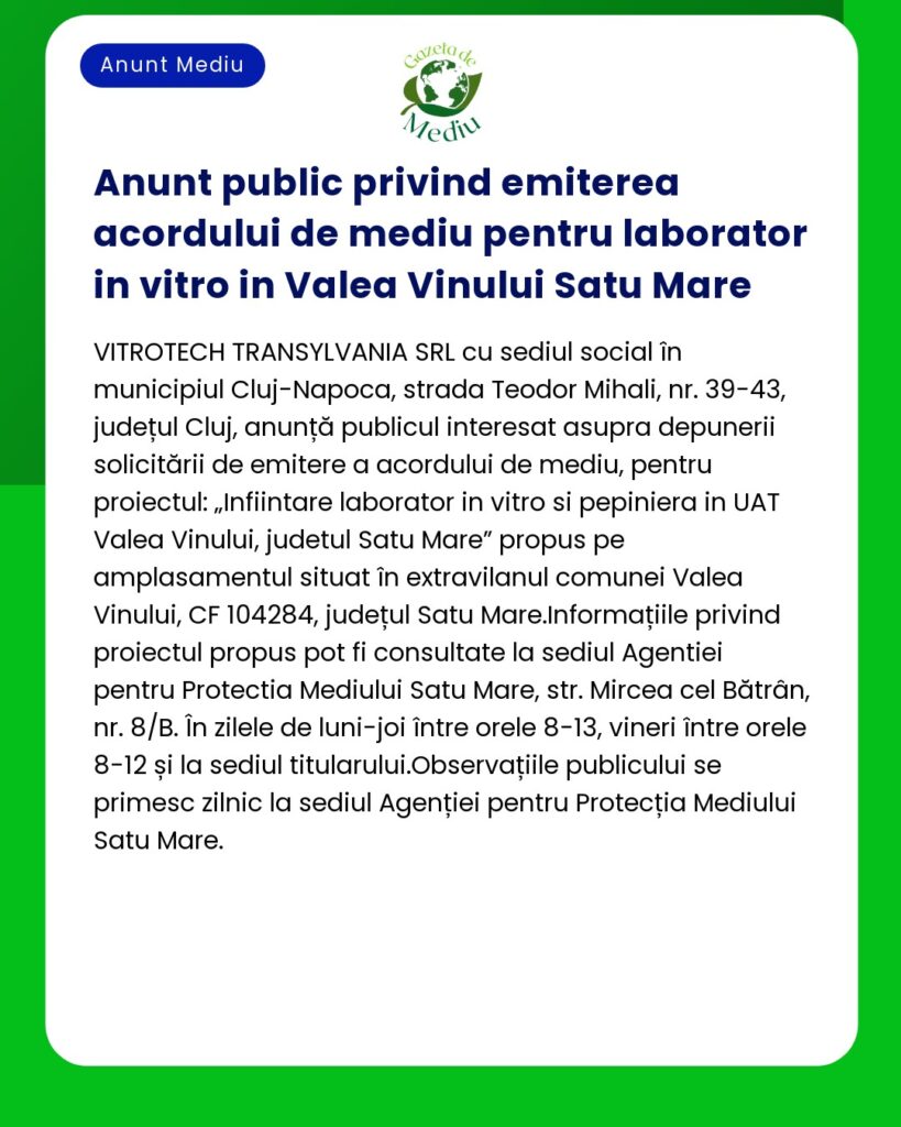 Anunt public privind emiterea acordului de mediu pentru laborator in v
