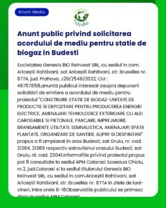 Anunt public privind solicitarea acordului de mediu pentru statie de b