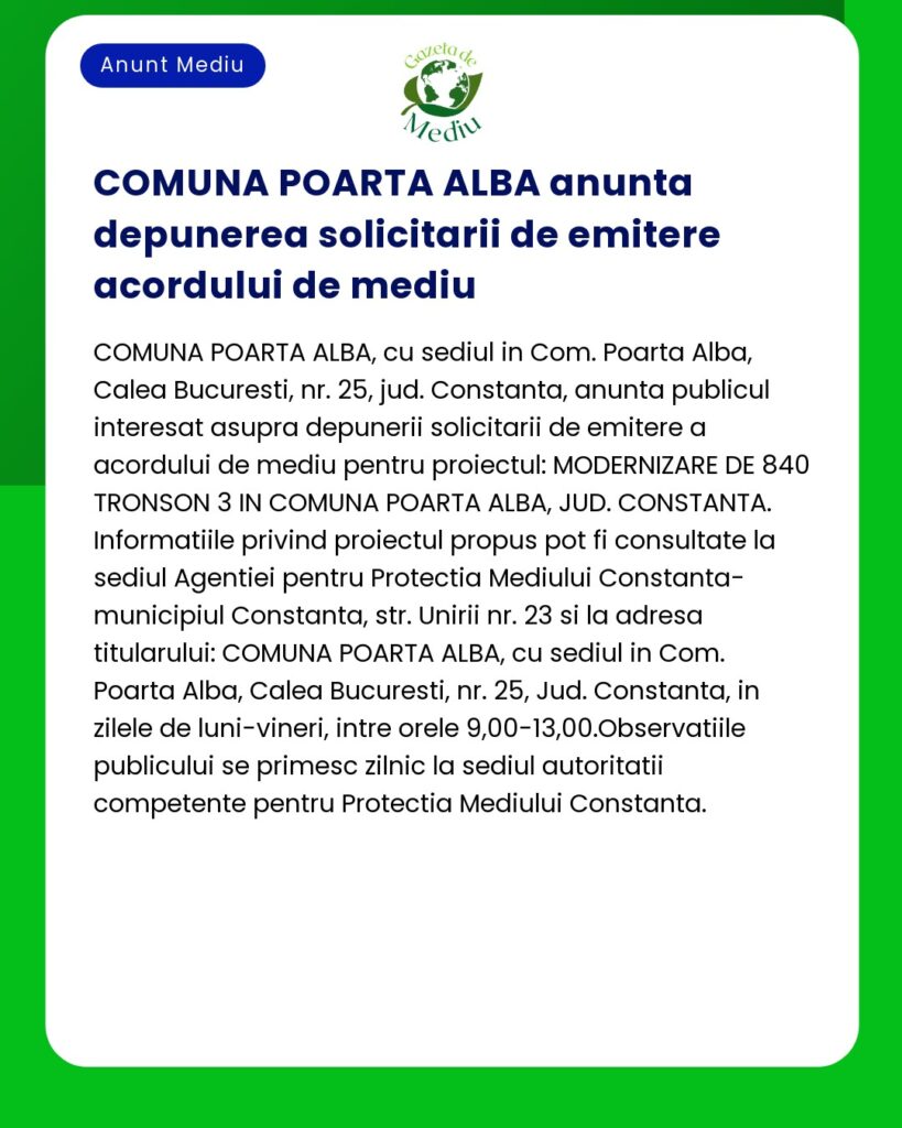 Proiectul 'Construire parc fotovoltaic - 25 MW – SPP1 Poarta Albă' titular SC SPV LXX SRL