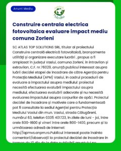 Elaborare documentație privind evaluarea impactului asupra mediului pentru un proiect de construire a unei centrale fotovoltaice în Zorleni