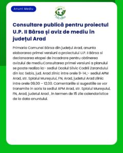 Consultare publică pentru proiectul U.P. II Bârsa și aviz de mediu în